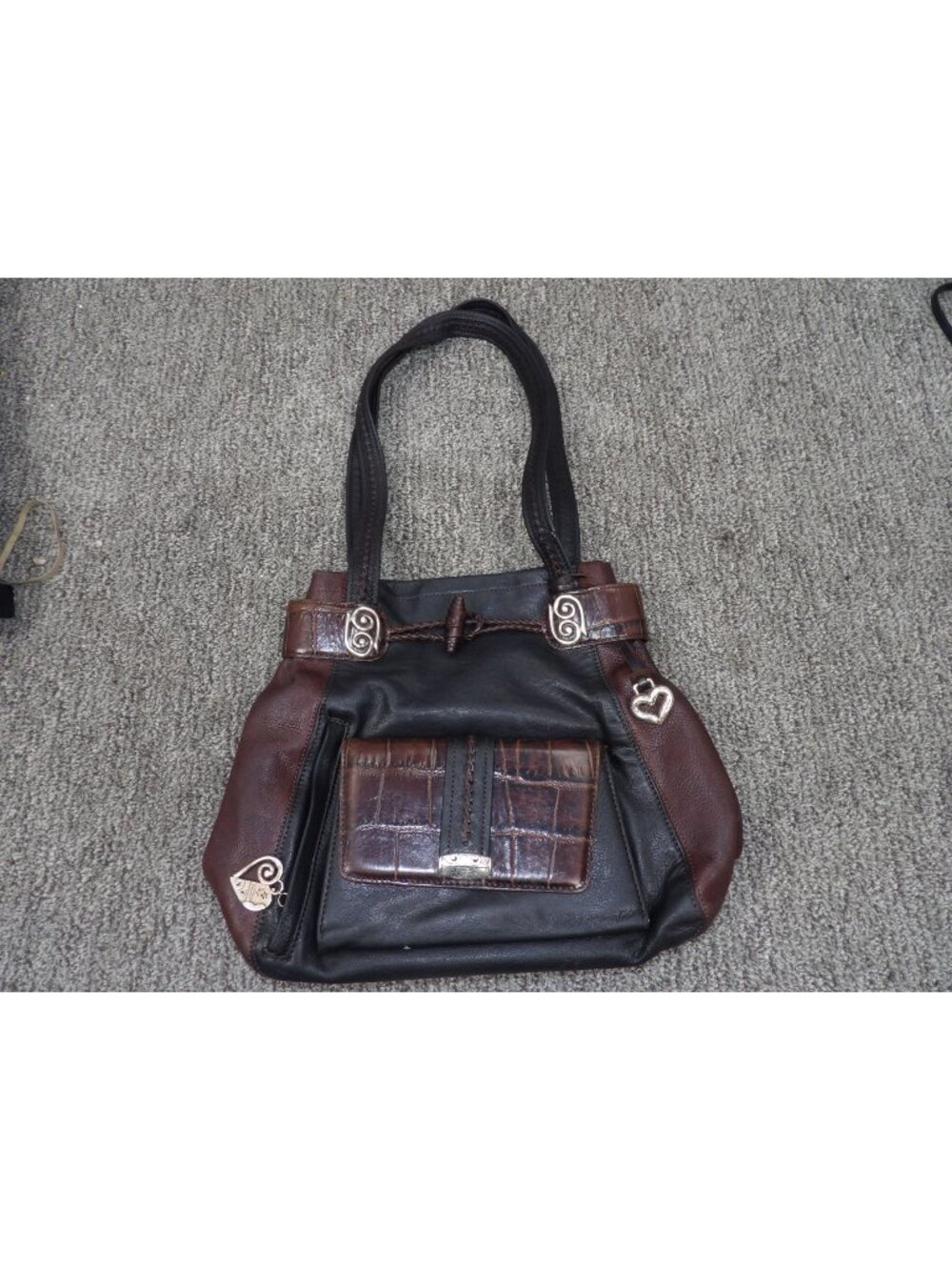 Brighton Brown & Black Leather Tote Shoulder Bag With Decorative Metal Accents 1